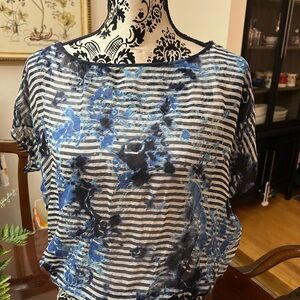 Bailey 44 silk navy and white shear blouse with a sewn in cotton poly camisole.